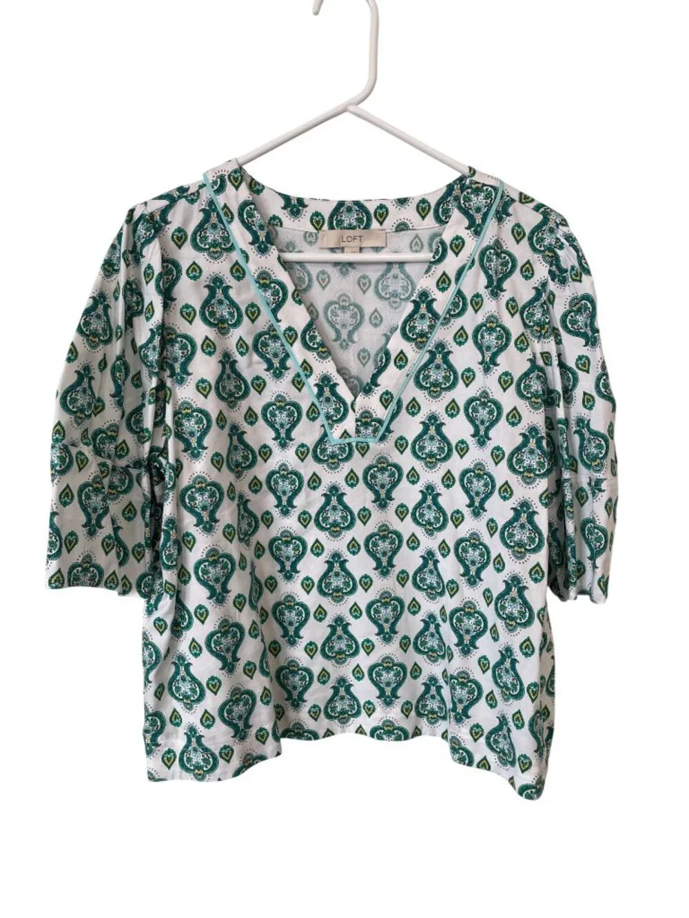 Loft Blouse Large Floral Paisley V-Neck Puff Sleeve White Green Boho Cottagecore